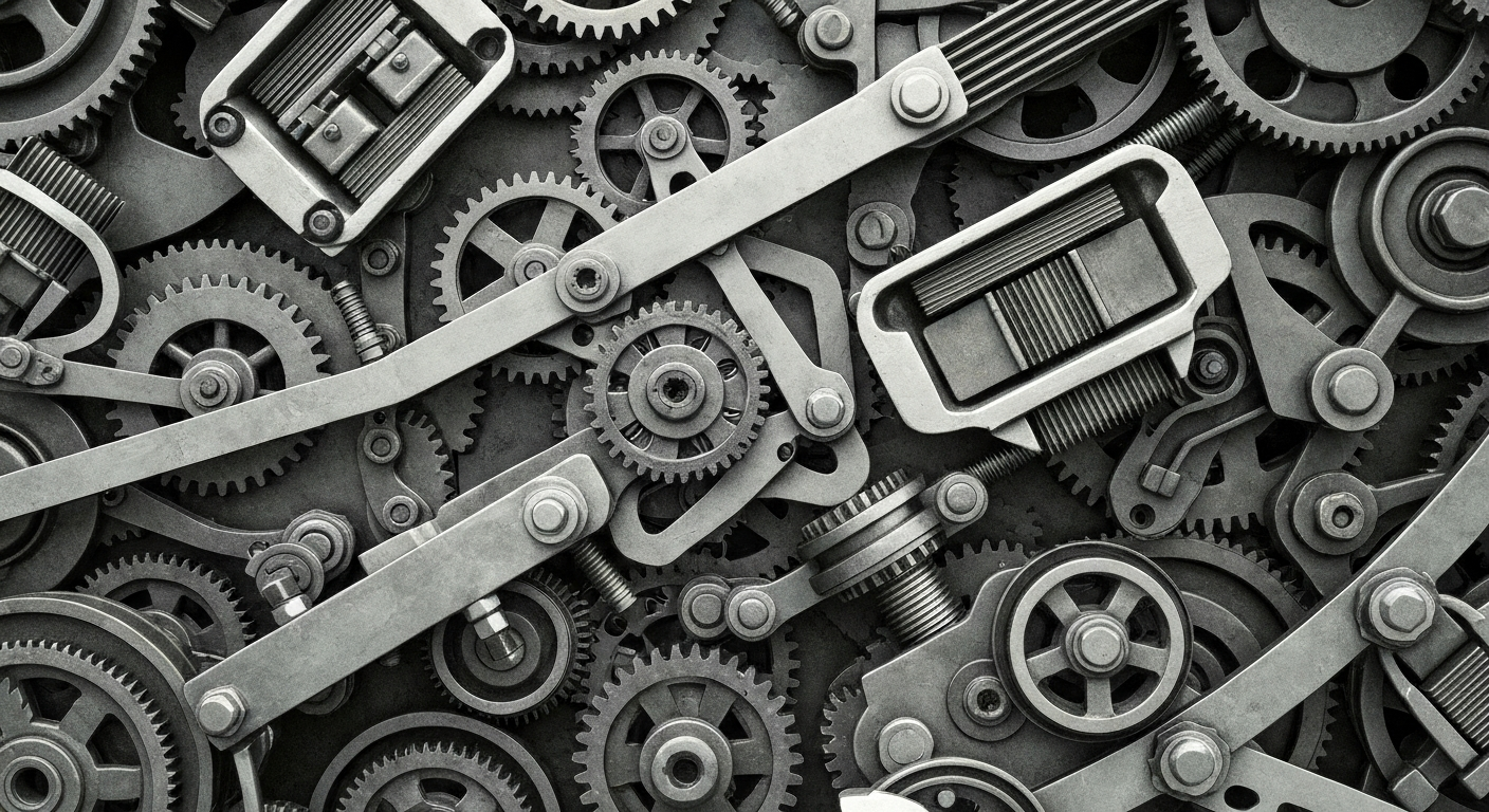 An extreme close-up of a complex, interlocking network of industrial gears, pulleys, and metal components in muted tones, conceptually representing the intricate mechanics and hidden complexities of the EPF system.