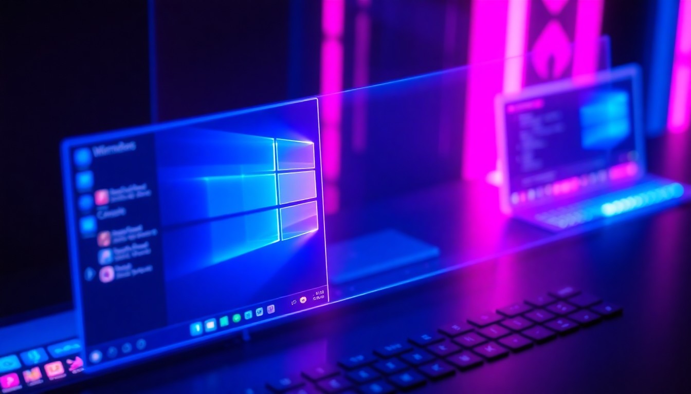 A highly detailed, 3D macro illustration of a futuristic Windows 11 interface, with various digital elements like windows, icons, and taskbars illuminated by vibrant neon cyan and magenta lights, conceptually representing Microsoft's efforts to modernize and compete with Apple's macOS.
