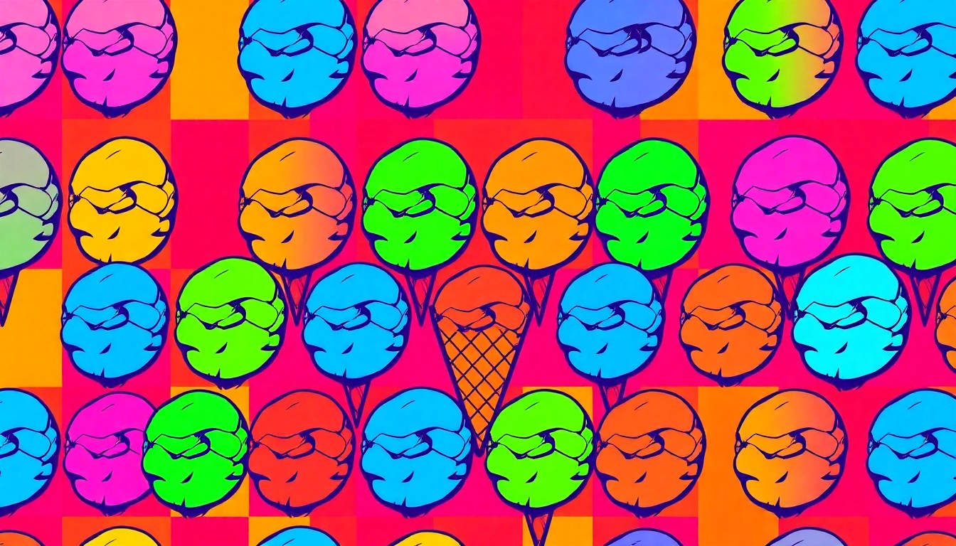 A bold, vibrant silkscreen print of a single, iconic ice cream cone repeated in a tight grid pattern, using flat, neon colors and heavy black outlines to transform the everyday object into a modern pop art piece.