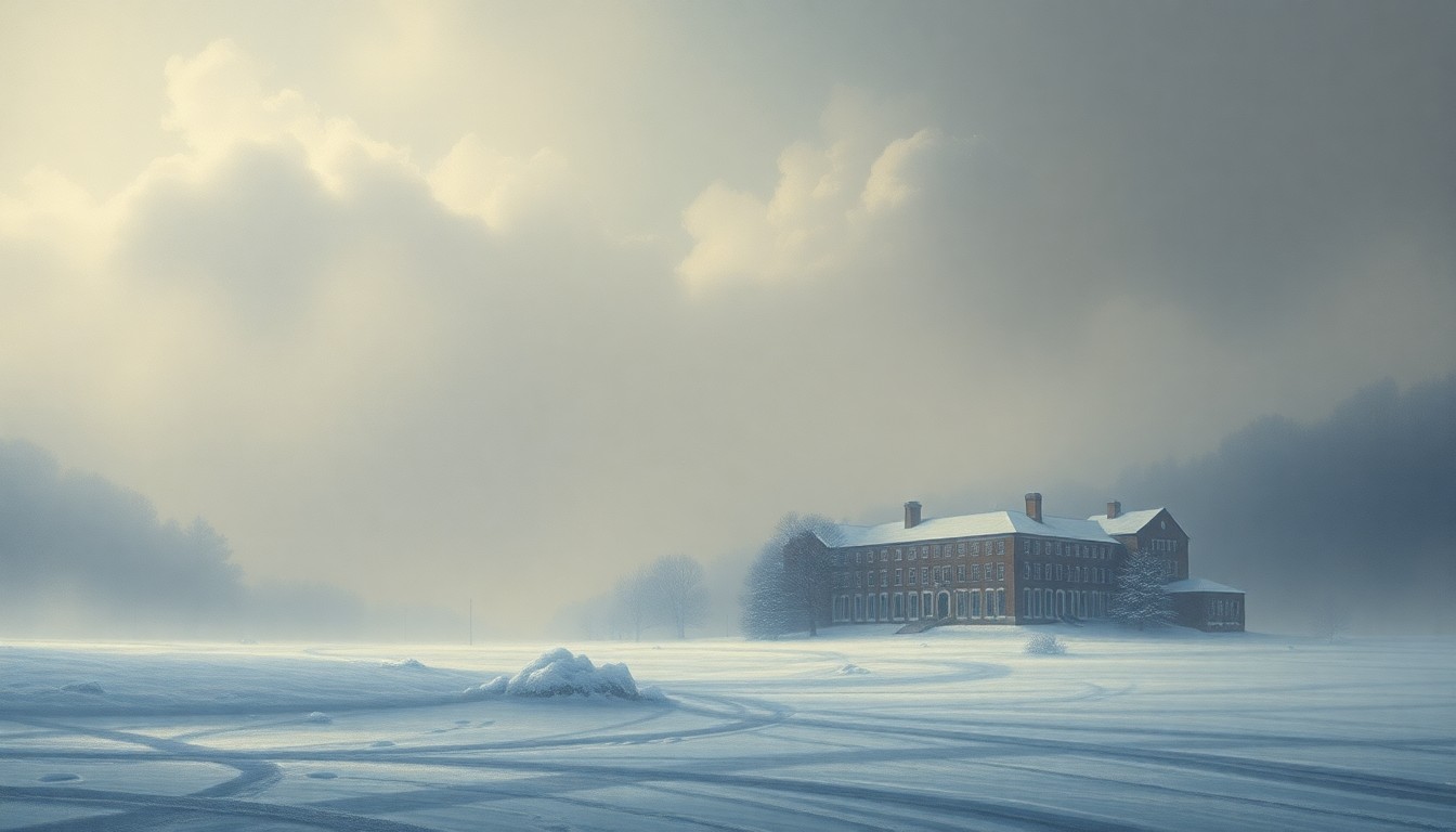 A sweeping, atmospheric landscape painting in muted tones of grey, white, and blue, depicting a vast, snowy expanse with only the faint outlines of buildings visible in the distance, conveying the overwhelming scale and impact of the winter storm on the local community.