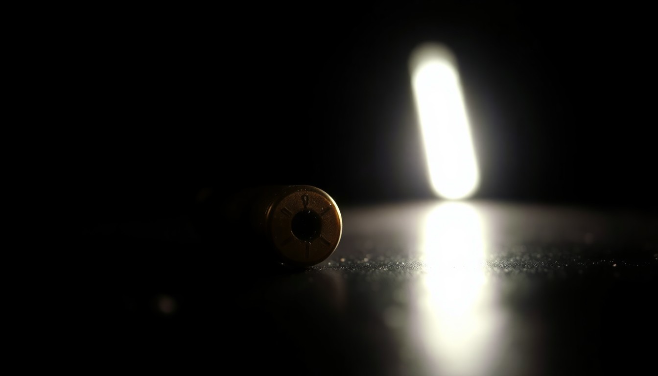 An extreme close-up photograph of a spent shell casing or other crime scene evidence, lit by a harsh, direct camera flash against a pitch-black background, conveying a stark, gritty, investigative aesthetic.