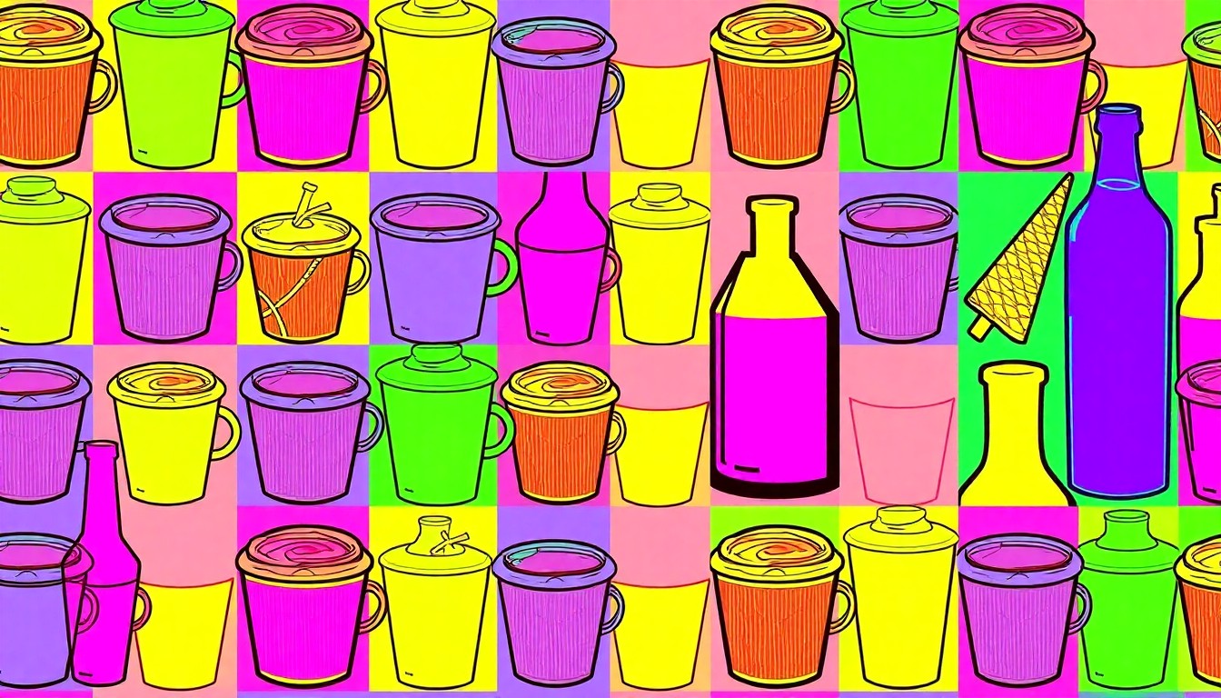 A vibrant, high-contrast silkscreen print of an iconic lifestyle object such as a coffee cup or ice cream cone, repeated in a grid pattern and rendered in a bold, neon color palette, conceptually representing the diverse new offerings coming to the GSQ development in Goodyear, Arizona.