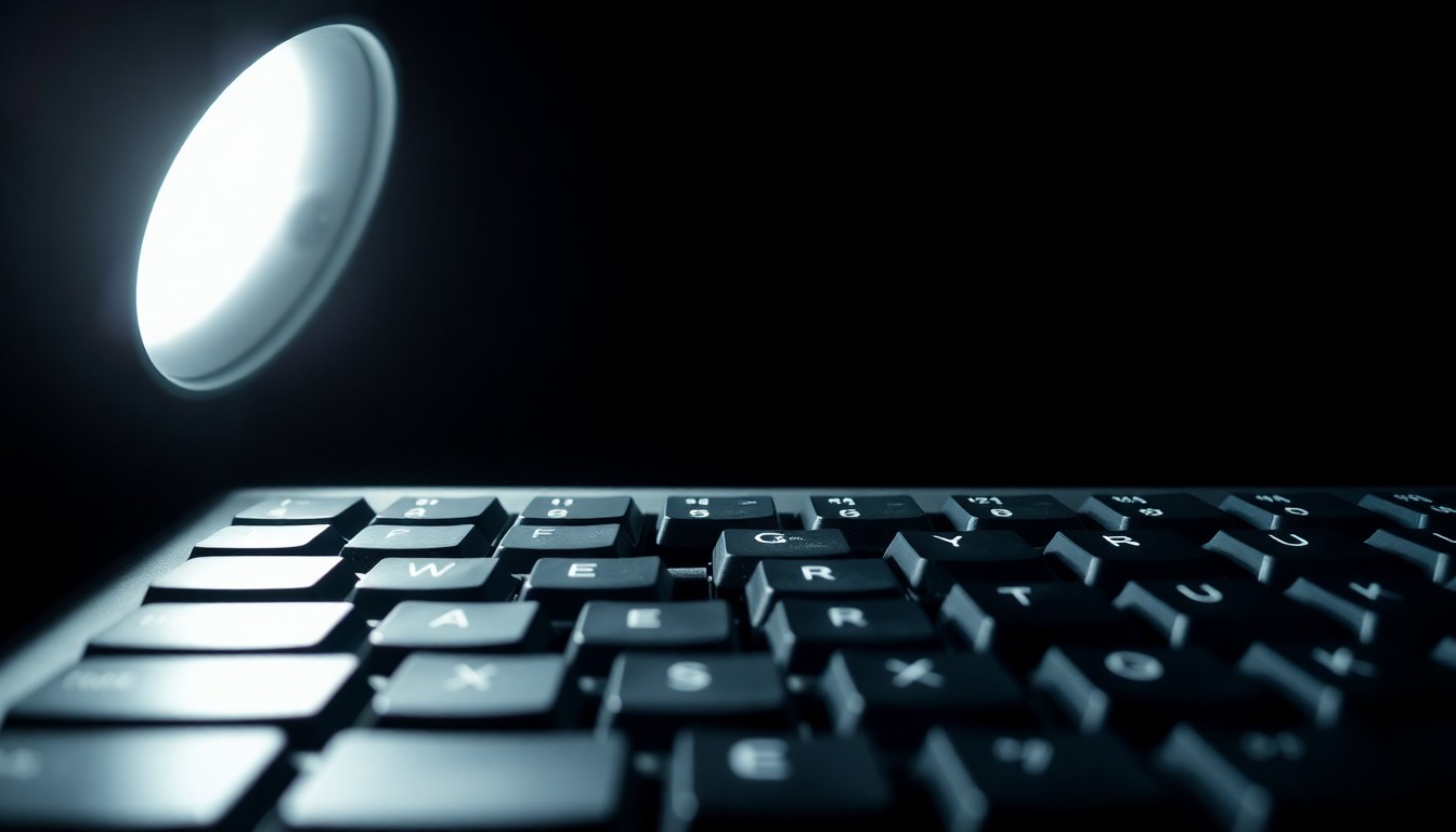 An extreme close-up photograph of a computer keyboard with several keys missing, lit by a harsh, direct camera flash against a pitch-black background, conceptually representing the disruption caused by a ransomware attack on a school's technology infrastructure.