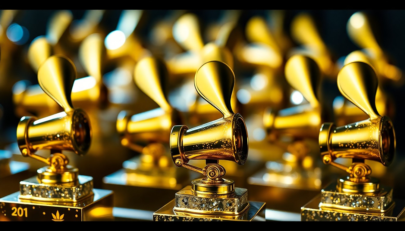 An extreme close-up photograph of several golden Grammy award statuettes, their metallic surfaces reflecting dramatic studio lighting to create a glitzy, high-fashion aesthetic that captures the glamour and prestige of the music industry's biggest night.