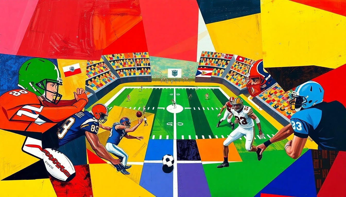 A fragmented, geometric painting in vibrant colors depicting the abstract elements of a football game or contract negotiation, capturing the dynamic and multifaceted nature of the NFL's evolving contract landscape.