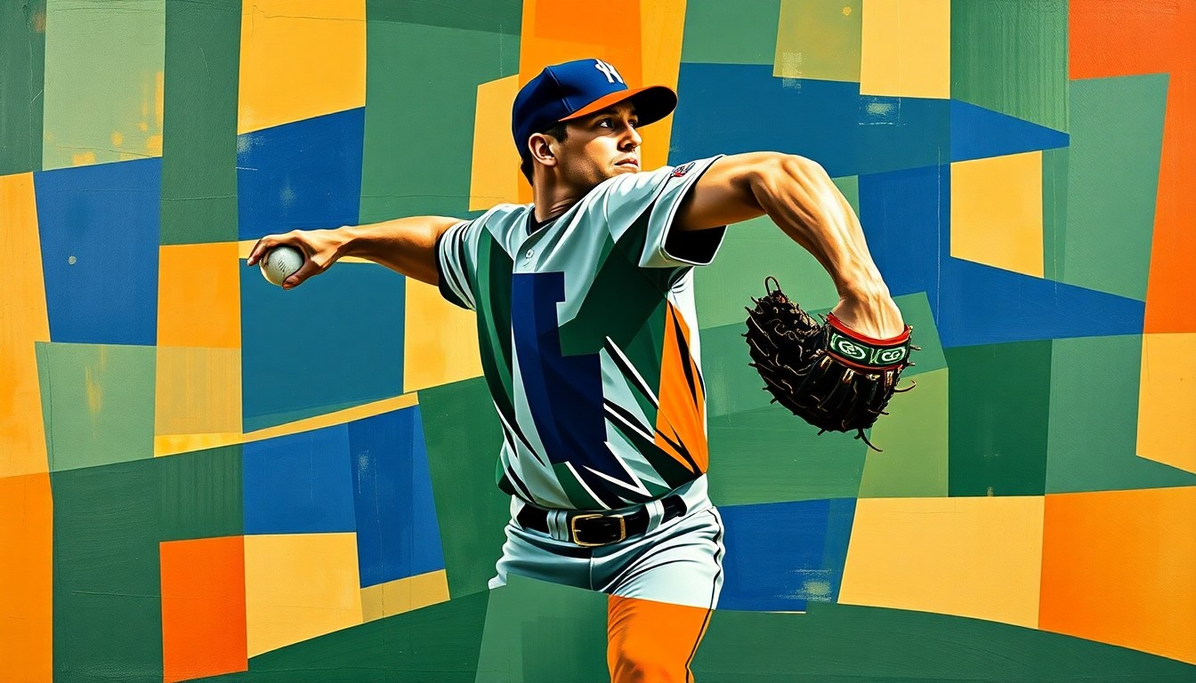 A fragmented, geometric painting depicting a baseball pitcher's delivery from multiple angles, using bold navy, green, and orange hues to convey the dynamic energy of the sport.