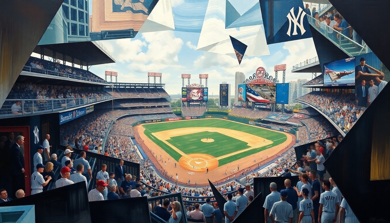 A cubist, geometric painting depicting a fragmented baseball game, with sharp, overlapping planes of color and form representing the complexities of the Yankees' current challenges.