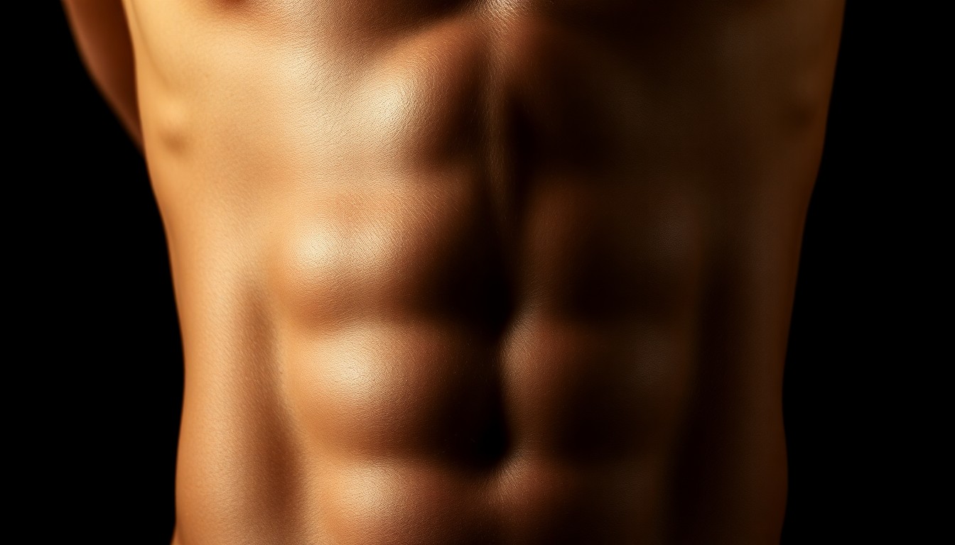 An extreme close-up photograph of a toned, athletic midriff and abs, captured in high contrast with dramatic studio lighting to create a glamorous, high-fashion aesthetic.