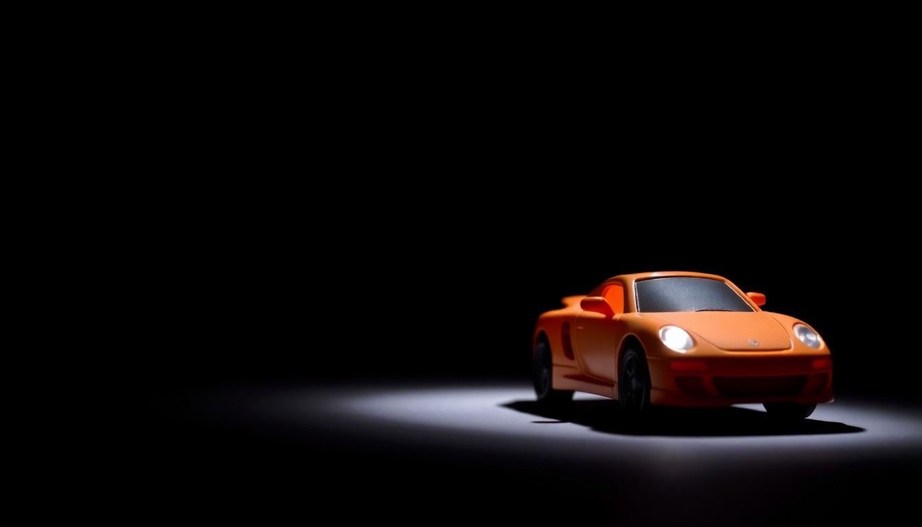 An extreme close-up photograph of a small toy car against a pitch-black background, the harsh flash creating dramatic shadows and textures that conceptually represent the gravity of a fatal driveway accident.