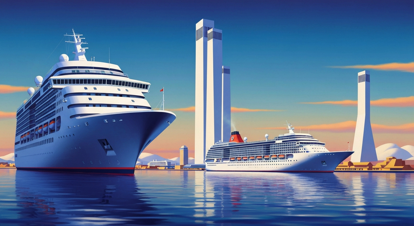 A bold, geometric illustration depicting the towering silhouette of a cruise ship against a backdrop of sweeping architectural forms, capturing the grand scale and romance of maritime travel.