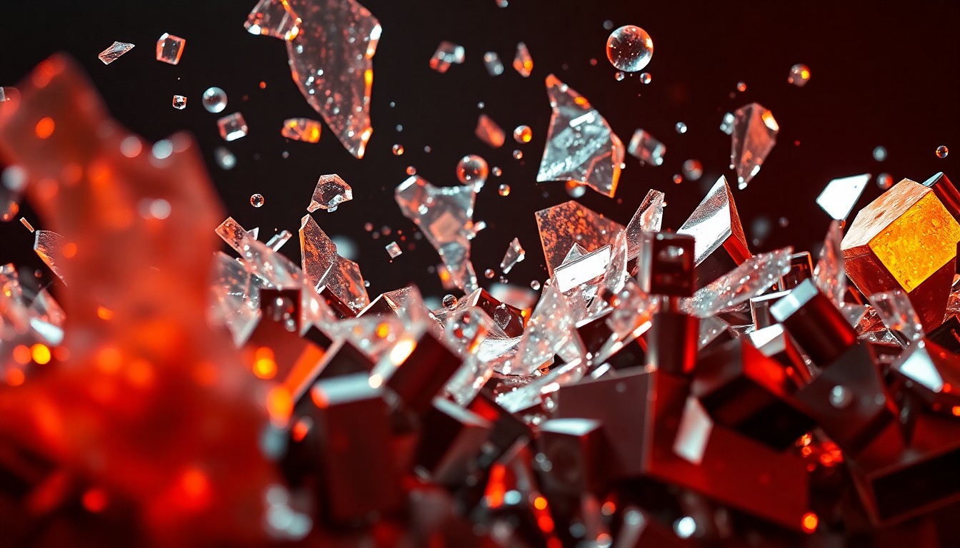 An extreme close-up of shattered glass and crumpled metal, reflecting the fragility and chaos of a high-energy punk performance gone wrong, captured in a dramatic, high-contrast studio lighting that creates a glitzy, high-fashion aesthetic.