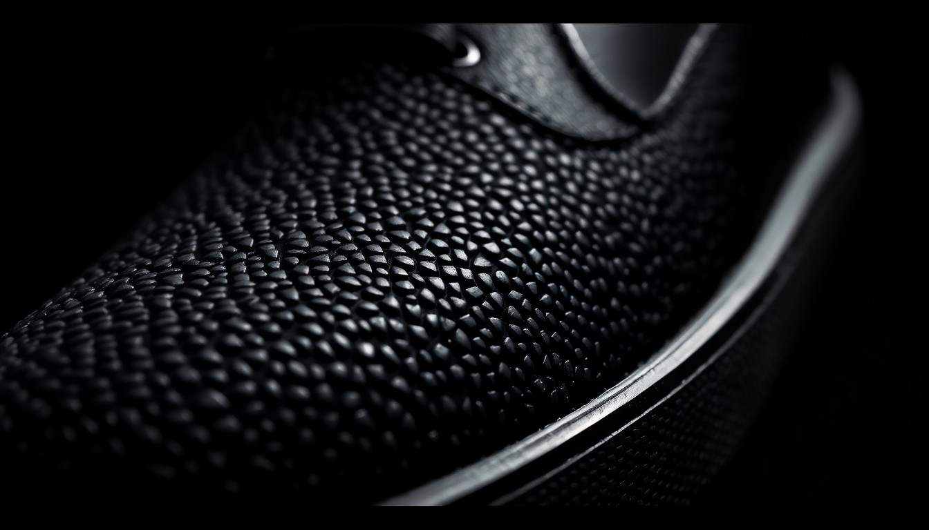 An extreme close-up photograph of the textured, glossy surface of a pair of black and white sneakers, captured in dramatic studio lighting to create a high-fashion, glamorous aesthetic without showing any identifiable details.