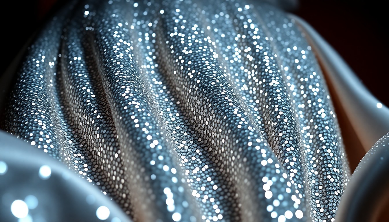 An abstract close-up photograph of luxurious, glittering sequins and shimmering satin fabrics, captured in dramatic studio lighting to create a high-fashion, glamorous aesthetic that conceptually represents the joy and celebration of a celebrity pregnancy announcement.