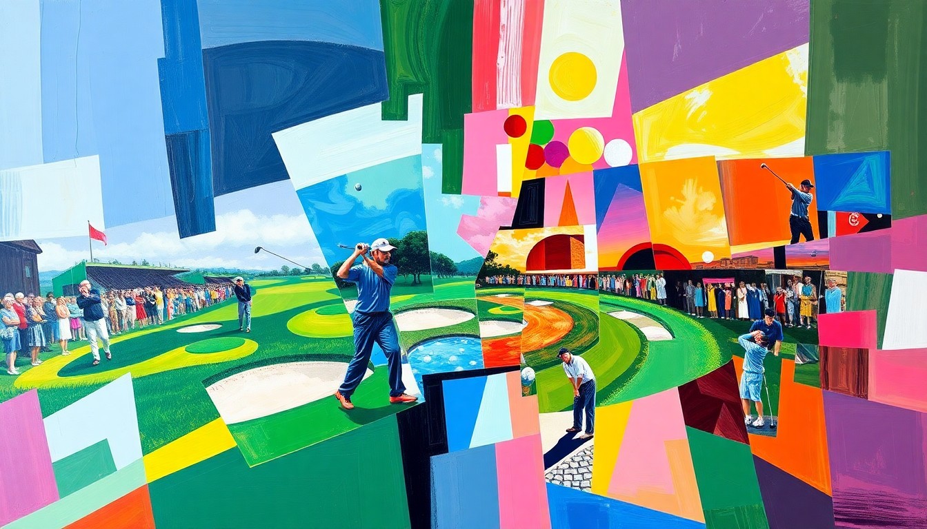 A cubist, geometric painting depicting a golf tournament, with sharp, overlapping planes of color representing the dynamic energy and movement of the sport.