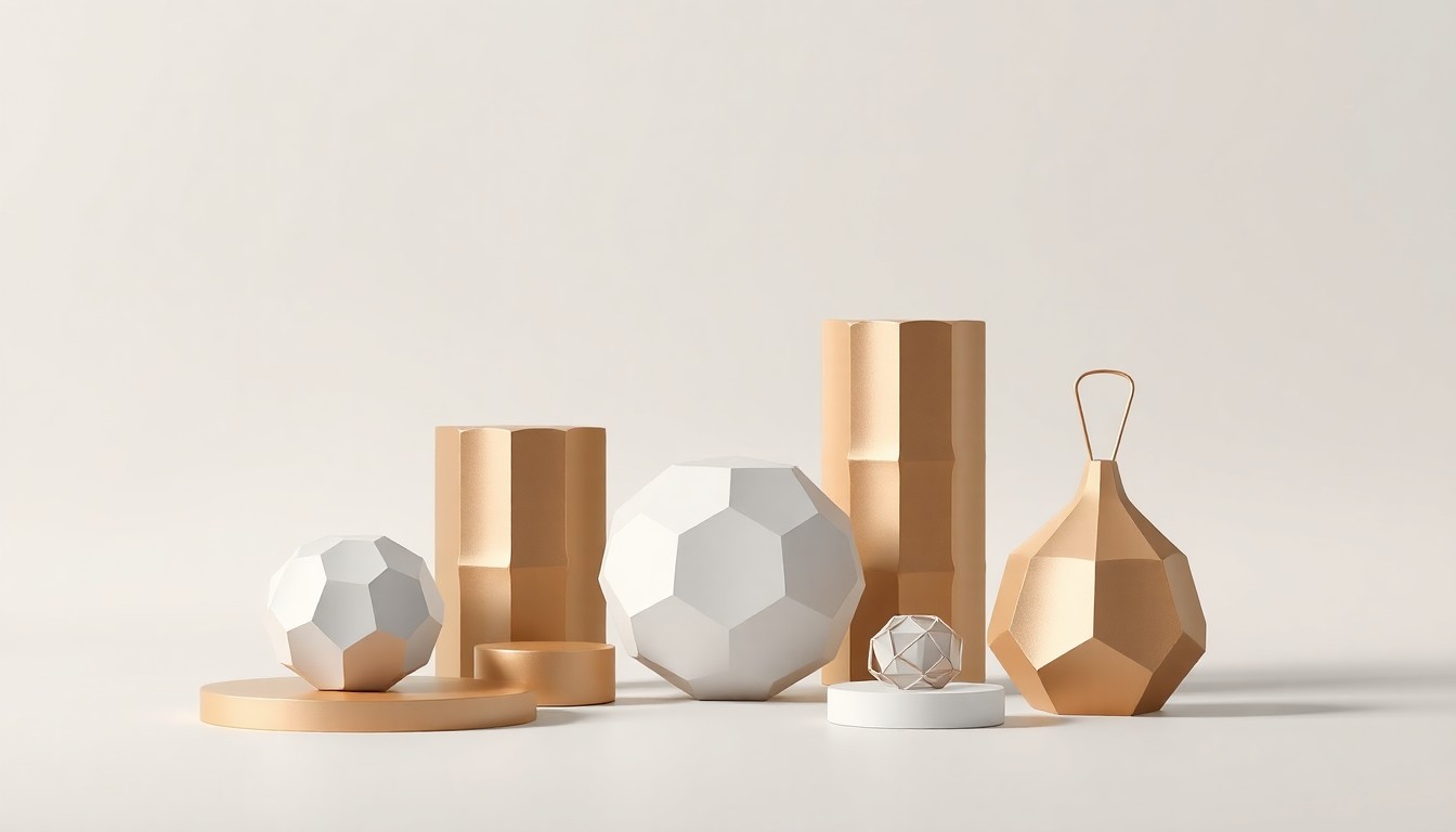 A minimalist, high-contrast studio photograph featuring a collection of sleek, geometric objects in muted tones, symbolizing the abstract ideas of retail adaptation and the evolving role of shopping malls in the modern era.