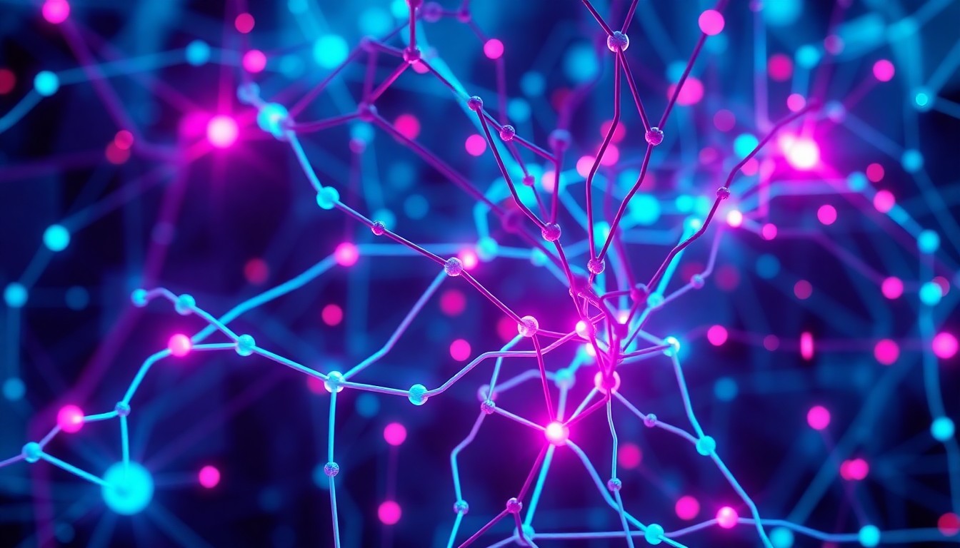 A highly detailed, glowing 3D illustration of a complex neural network or data infrastructure, with neon cyan and magenta lights tracing the intricate connections, conceptually representing the power and potential risks of AI language models.