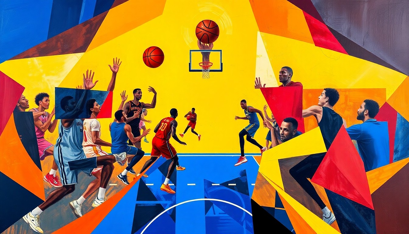 A cubist, geometric painting depicting the abstract forms of basketball players in motion, with vibrant colors and overlapping planes conveying the energy and dynamism of the sport.