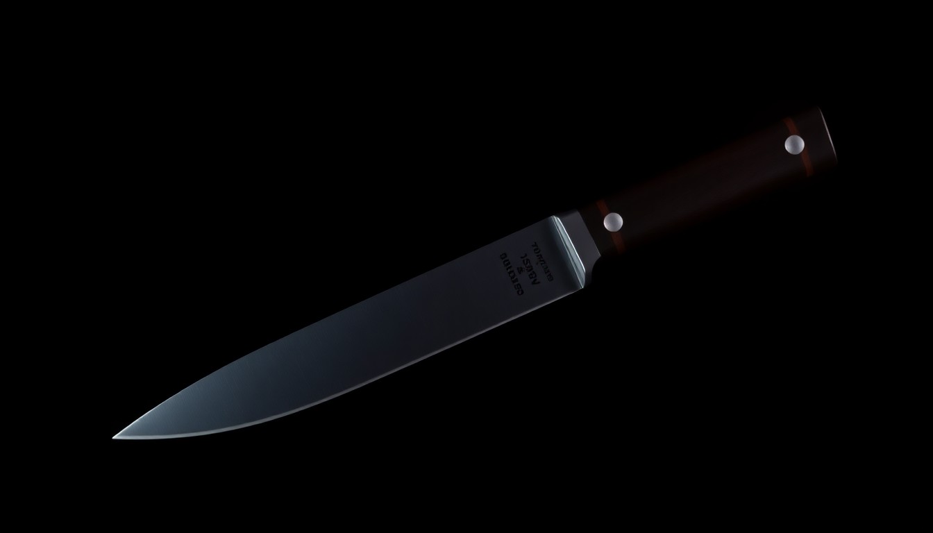 An extreme close-up photograph of a police-issued knife against a pitch-black background, lit by a harsh, direct camera flash, conceptually representing the stark, gritty details of a controversial officer-involved shooting.