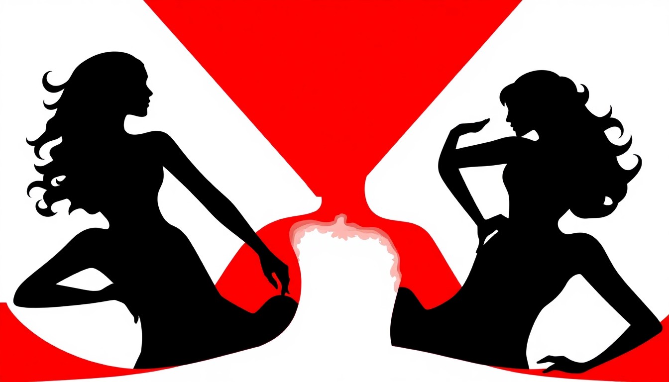 An abstract, minimalist illustration featuring three intertwined, stylized silhouette figures in bold, high-contrast colors, conceptually representing the three Charites or Graces of Greek and Roman mythology.