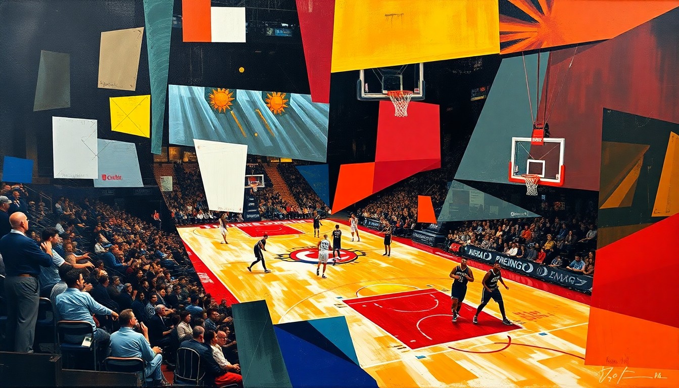 A fractured, multi-perspective painting in a cubist style, depicting a basketball game between two teams through sharp, overlapping geometric shapes and forms, capturing the intensity and dynamism of the match.