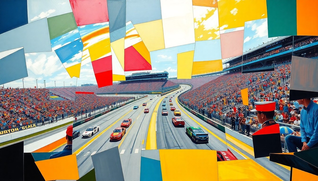A fractured, geometric painting in bold colors depicting the intense final moments of a NASCAR race, with cars and drivers broken down into sharp, overlapping shapes and planes.