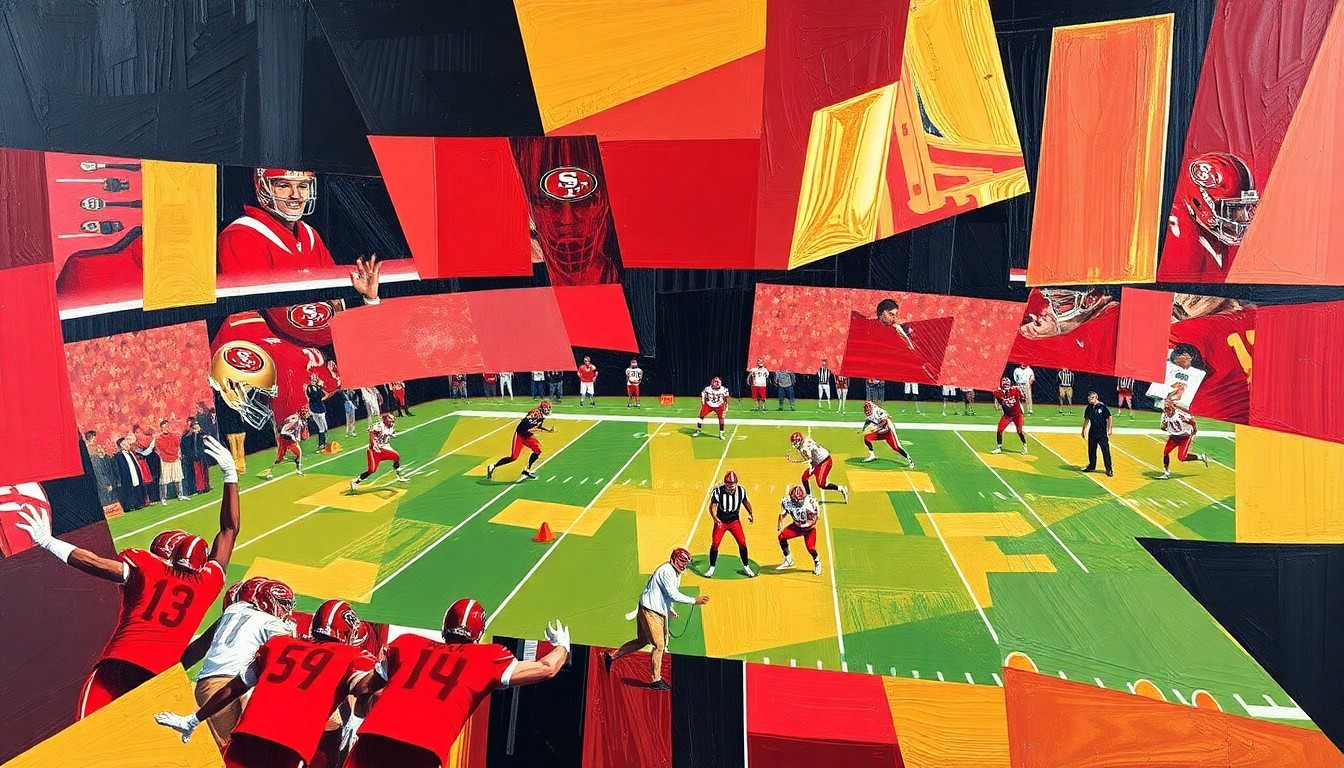 A cubist, geometric painting featuring overlapping planes of red, gold, and black, conceptually representing the complex decisions facing the 49ers as they navigate the NFL free agency period.