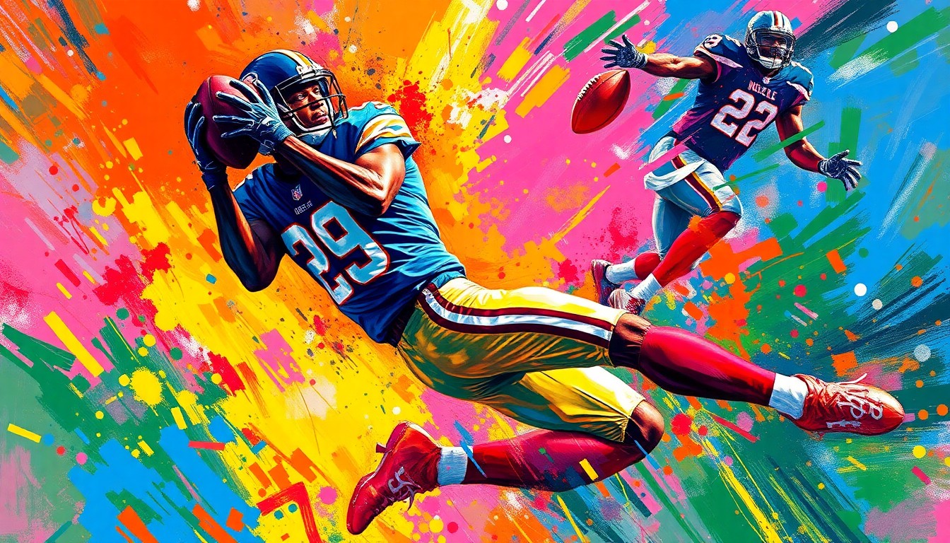 An abstract, expressionist painting in neon colors depicting the dynamic motion of an NFL wide receiver making a leaping catch, with the player's details dissolved into vibrant brushstrokes.