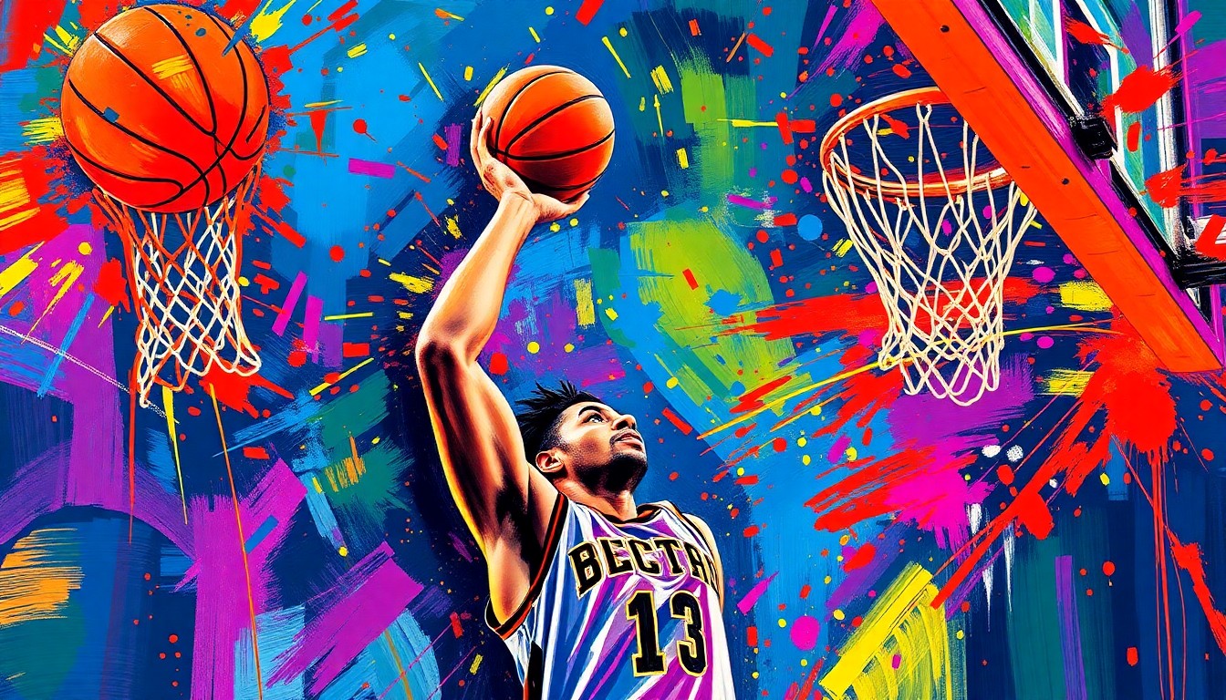 An abstract expressionist painting in vibrant neon colors, depicting the explosive motion and energy of a basketball player shooting a 3-pointer, the ball's trajectory dissolving into unrecognizable splatters of paint.