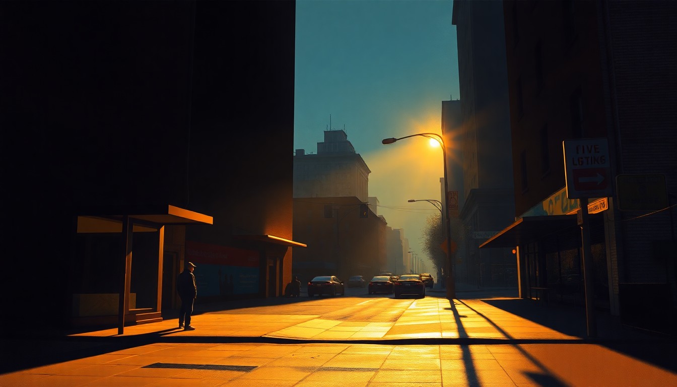 A serene, cinematic painting of a New York City street corner, with a lone figure standing on the sidewalk under warm, diagonal sunlight and deep shadows, conceptually representing the complex political tensions surrounding redistricting in the region.