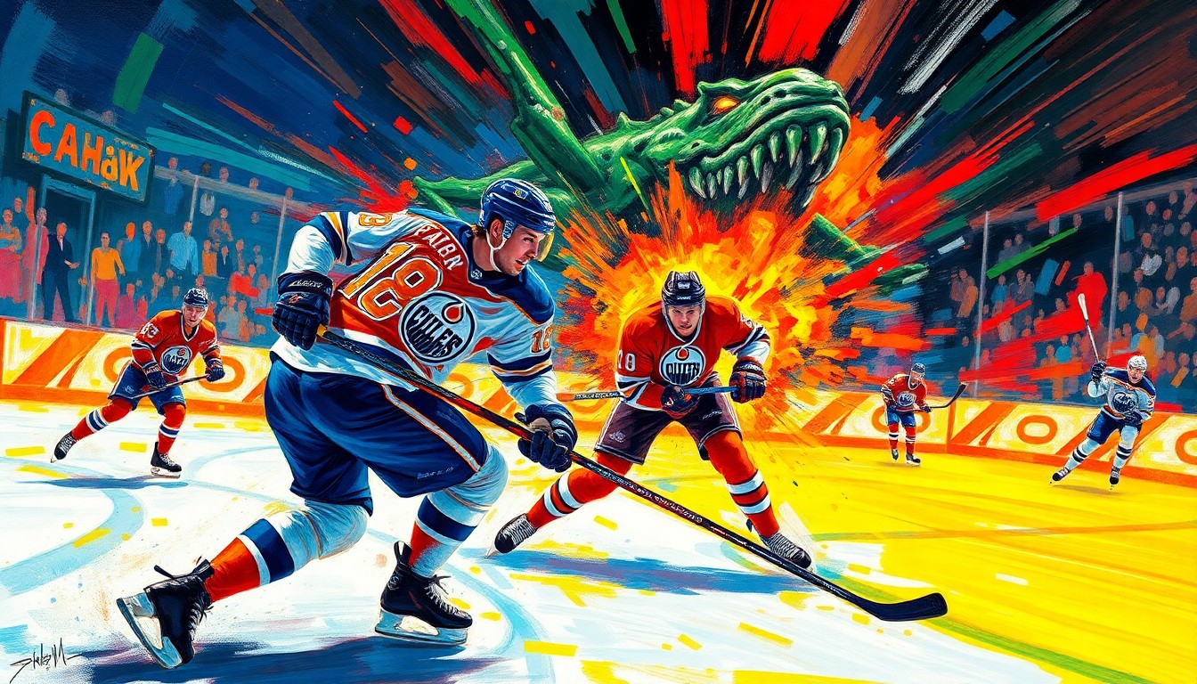 A vibrant, expressionist painting in neon colors depicting the intense action and defensive focus of a hockey game, with players' movements and the puck blending into a dynamic, abstract composition.