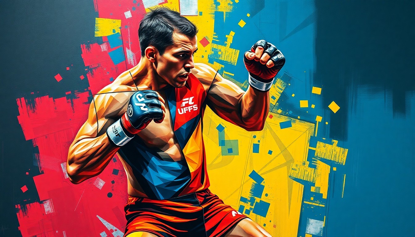 A fractured, multi-perspective painting depicting an MMA fighter in mid-action, broken down into sharp, overlapping geometric planes of vibrant red, blue, and yellow colors, conceptually representing the unpredictable nature of the sport.