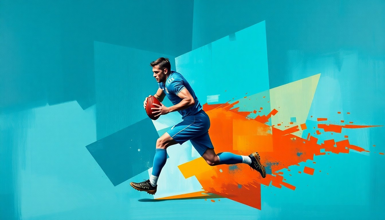 A cubist-style painting depicting a football player in mid-stride, broken down into sharp, overlapping geometric shapes in a palette of aquamarine, burnt sienna, and deep indigo, conveying the fractured nature of the Dolphins' roster changes.