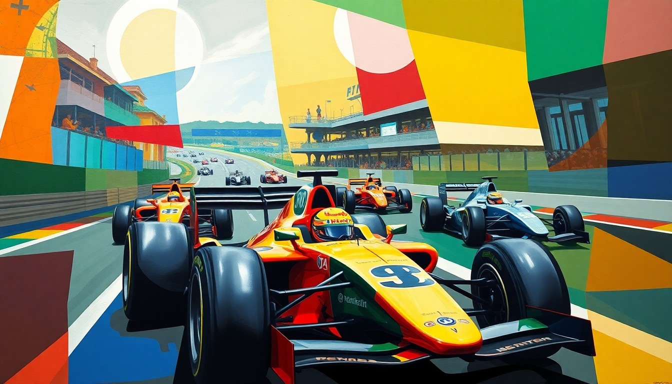 A fractured, geometric painting in vibrant colors depicting the dynamic motion and competitive spirit of a Formula 1 race, with overlapping planes and shapes that capture the speed and energy of the sport.