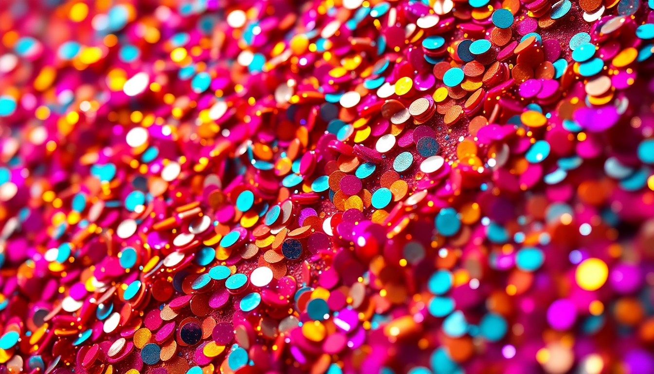 An abstract close-up photograph of shimmering, reflective sequins in a kaleidoscope of vibrant colors, conceptually representing the glamour and energy of a major music festival performance.