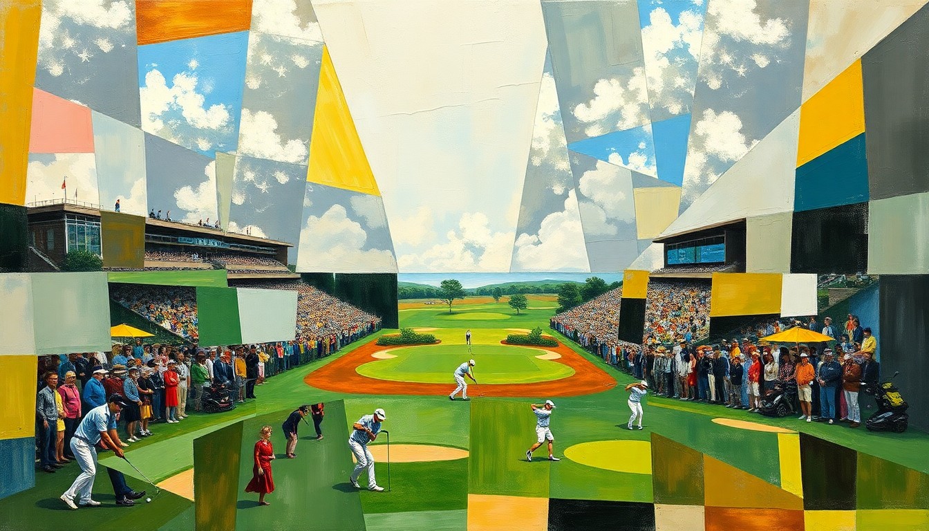 A fragmented, cubist-style painting depicting a golf tournament, with overlapping geometric shapes and planes representing the various elements of the competition.