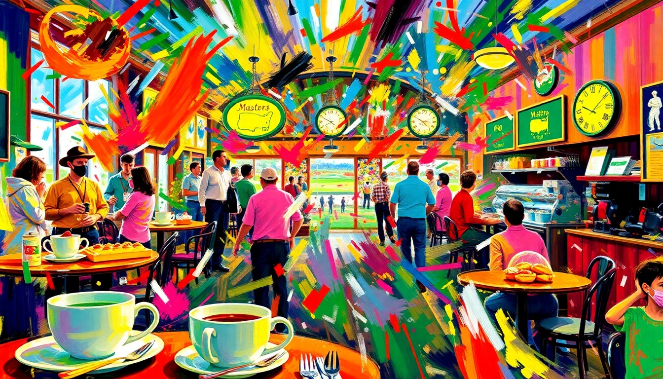 An abstract, expressionist painting in vibrant neon colors depicting the bustling energy of a coffee shop during the Masters Tournament, with swirling brushstrokes and fragmented shapes representing coffee cups, pastries, and golf-themed decor.