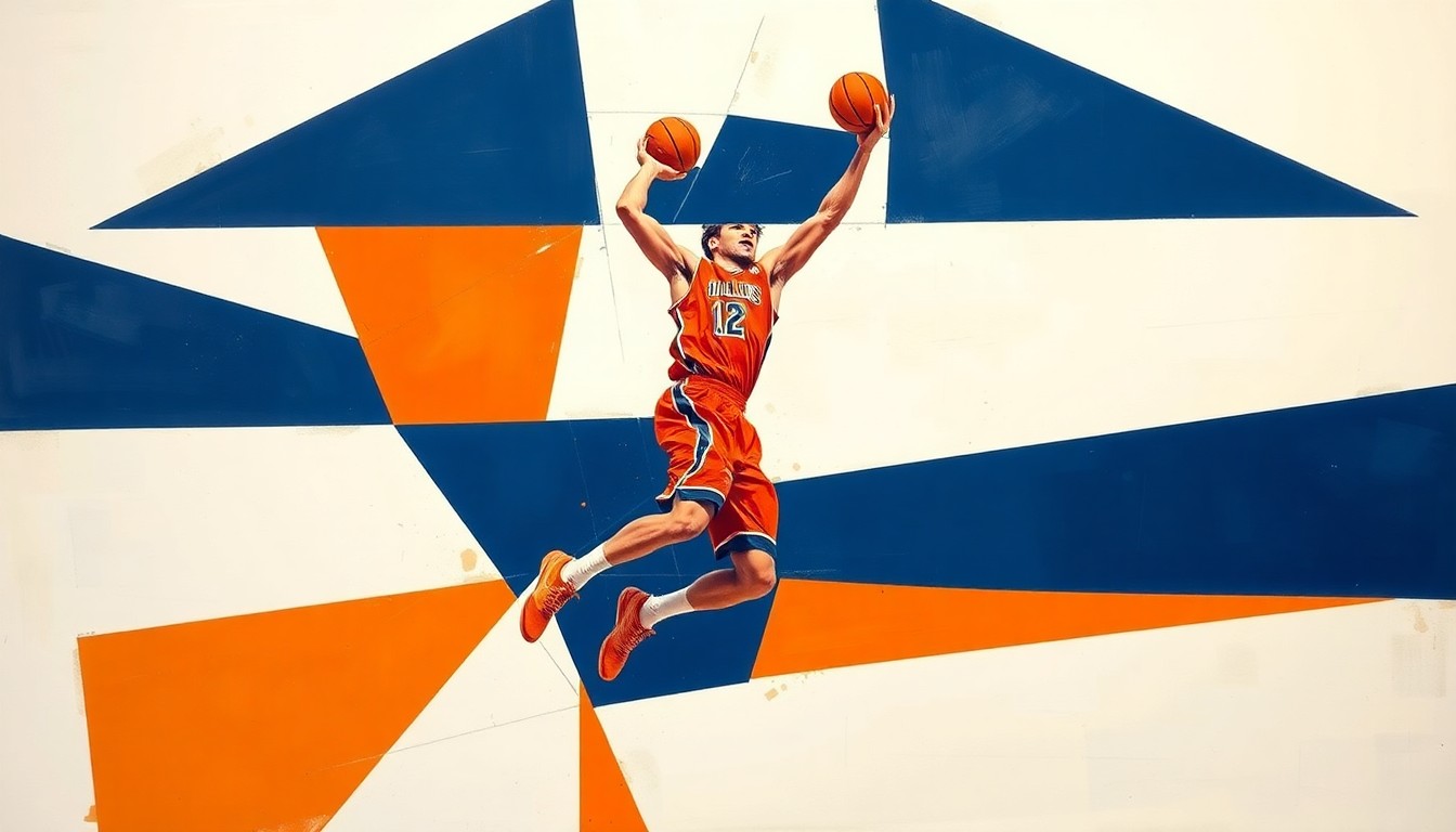 A fragmented, geometric painting depicting a college basketball player in mid-motion, with sharp planes of burnt orange, navy blue, and white capturing the dynamic movement and energy of the athlete.