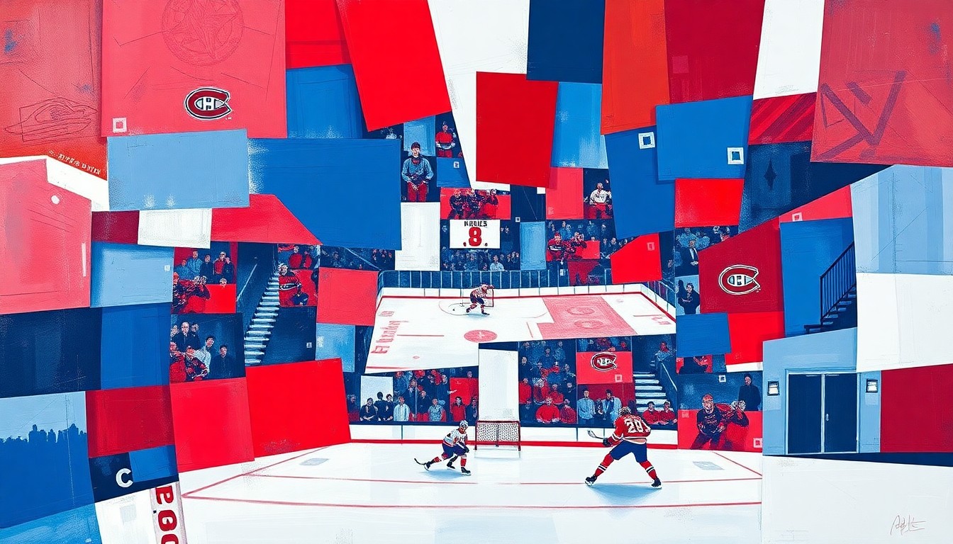 A cubist, geometric painting depicting a hockey player in motion, with the player's form broken down into sharp, overlapping planes of vibrant red, blue, and white colors.