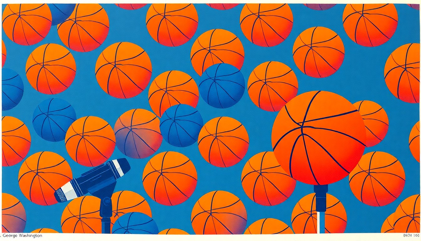 A bold, colorful silkscreen print featuring a basketball and a microphone repeated in a grid, conceptually representing the intersection of sports and dialogue at George Washington University.
