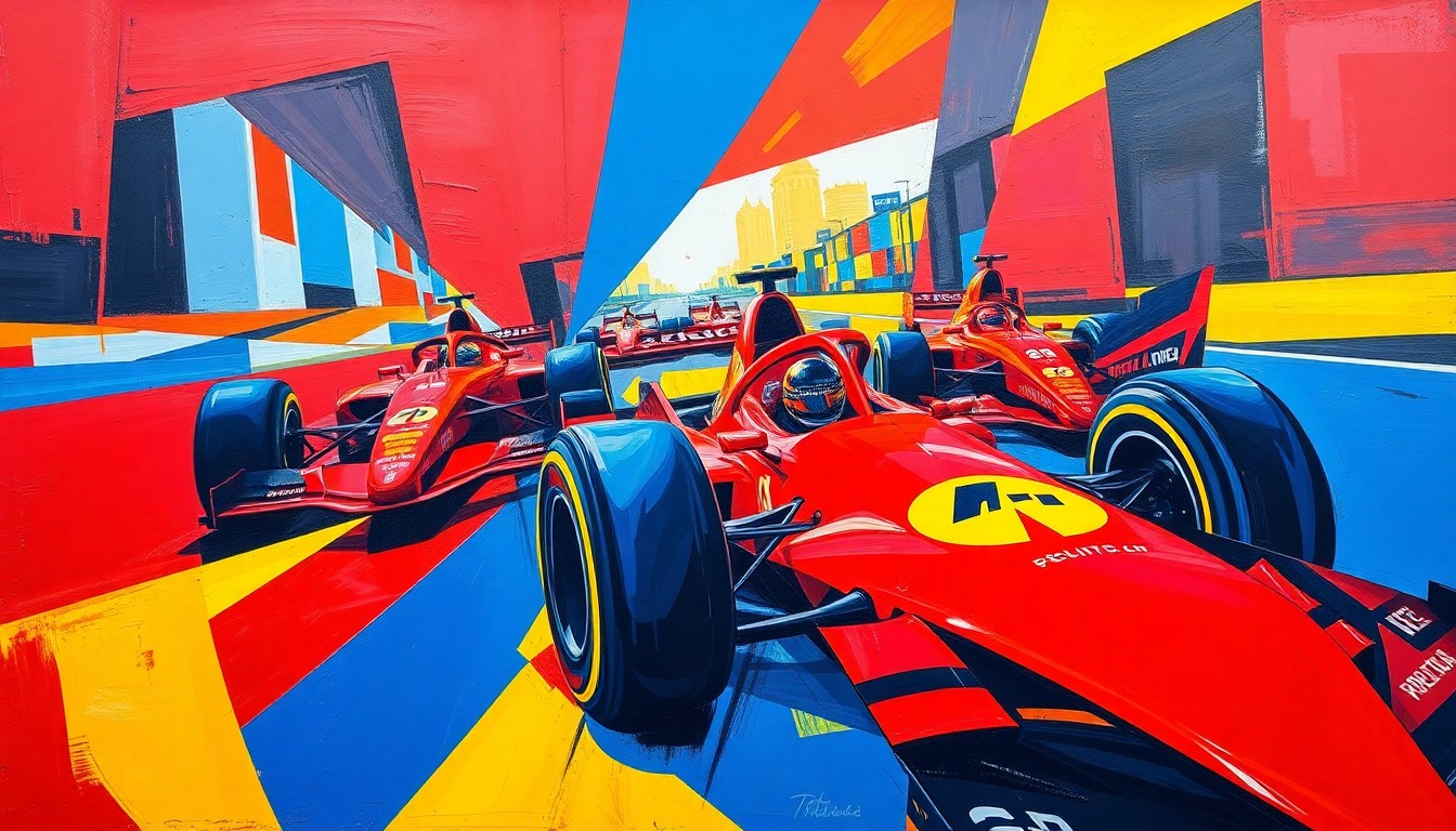 A cubist, geometric painting depicting a Formula 1 race broken down into overlapping, fragmented planes of color, conveying the complexity and dynamics of the sport.