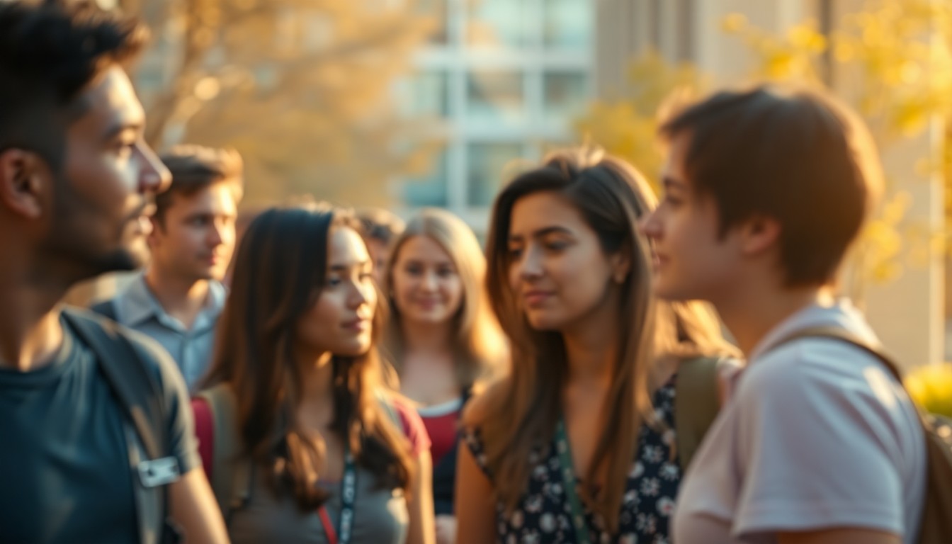An abstract, out-of-focus scene of adult students on a college campus, with soft, warm pools of light and color creating a dreamlike atmosphere.