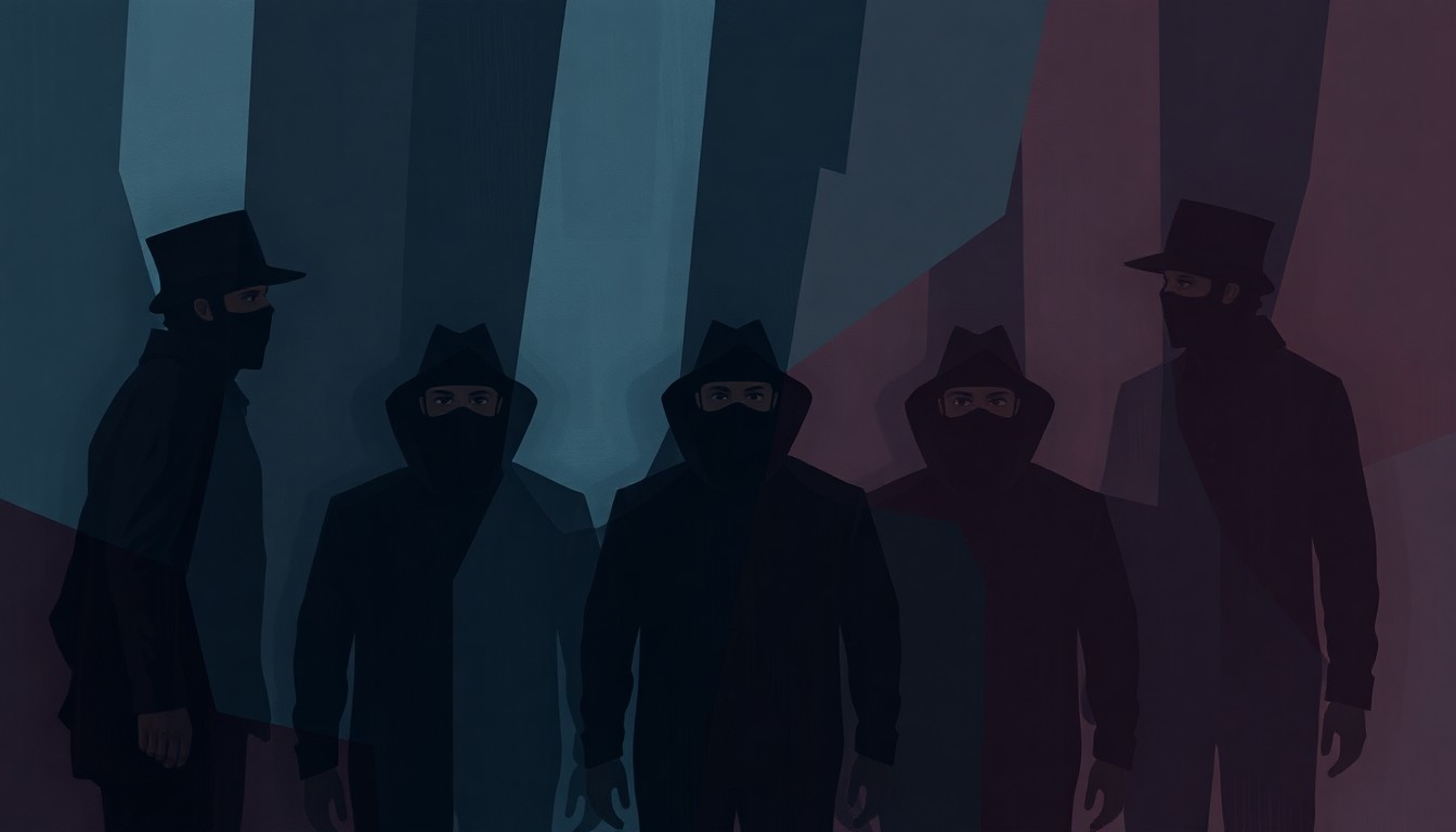 A fragmented, abstract painting depicting a shadowy figure representing a federal immigration agent, repeated in overlapping geometric shapes and muted tones, conveying a sense of motion and unease.