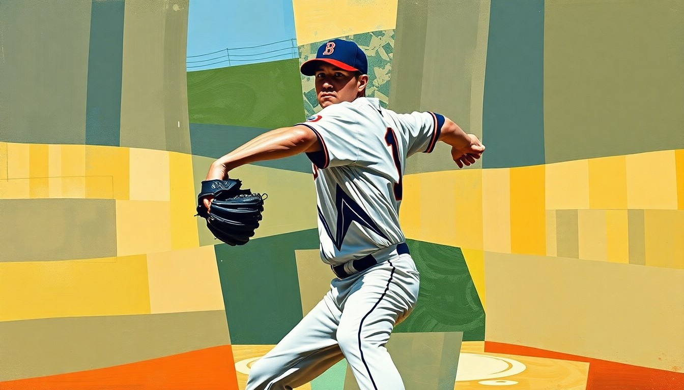 A cubist-style painting depicting a baseball pitcher's motion broken down into fragmented, overlapping geometric shapes in shades of blue, green, and orange, conveying the uncertainty and disruption facing the Braves' pitching staff.