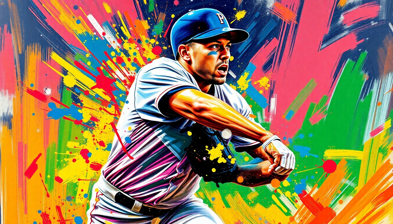 An extreme close-up of a baseball player's torso and legs, rendered in a vibrant, expressionist style with bold, energetic brushstrokes in neon shades of blue, green, and orange, conceptually representing the raw emotions and tension of a high-profile doping scandal.