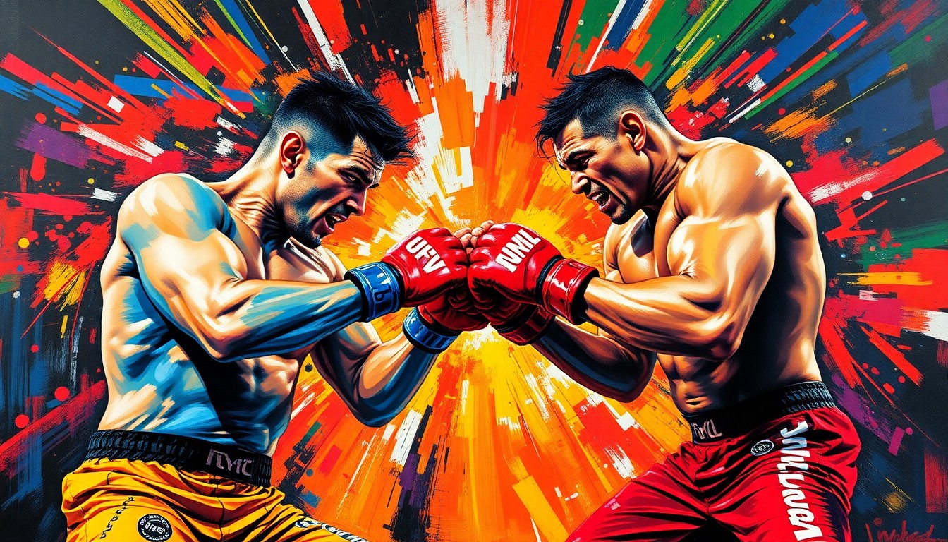An abstract, energetic painting in neon colors depicting the explosive movements and raw emotions of a UFC fight, capturing the essence of the Chimaev vs. Strickland rivalry without any identifiable elements.
