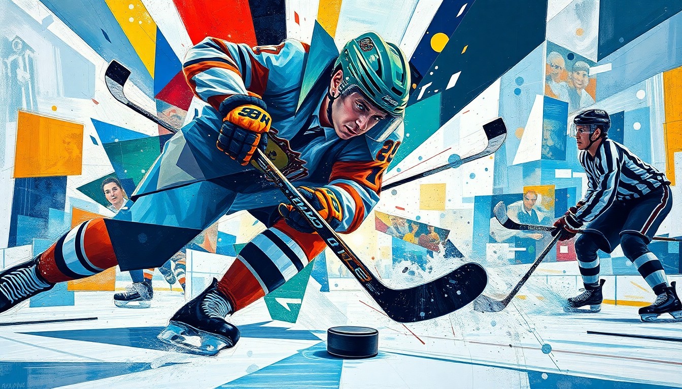 A fractured, geometric painting depicting the chaotic moment a puck struck a hockey coach's head, conveying the intensity and danger of the incident through an abstract, deconstructed visual style.