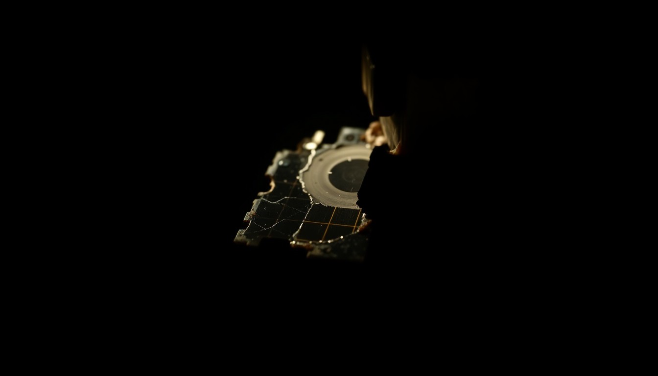 An extreme close-up photograph of a damaged solar panel component, such as a cracked solar cell or tampered junction box, lit by a harsh, direct camera flash against a pitch-black background, conceptually illustrating the threat of criminal activity targeting green energy infrastructure.