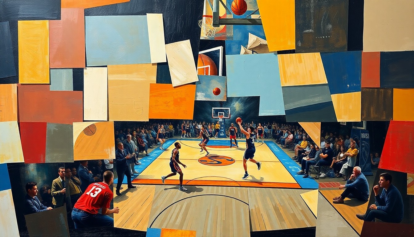 A cubist-style painting featuring overlapping geometric shapes and planes in bright colors, representing the dynamic movements and energy of a basketball game.