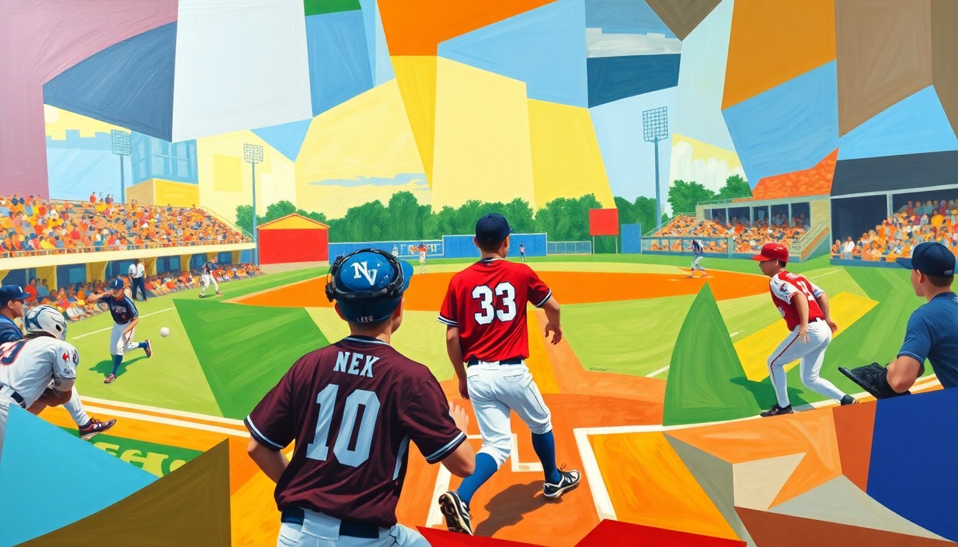 A fragmented, geometric painting depicting a high school baseball game, with players and the ball represented as dynamic, angular shapes in the team's uniform colors.