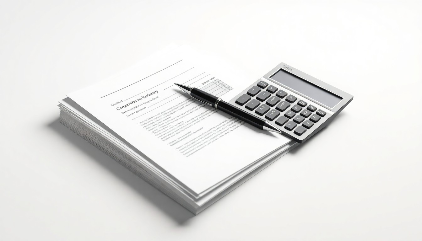 A photorealistic studio still life featuring a stack of documents, a pen, and a calculator arranged on a clean, white background, symbolizing the abstract concepts of corporate strategy and financial negotiations.